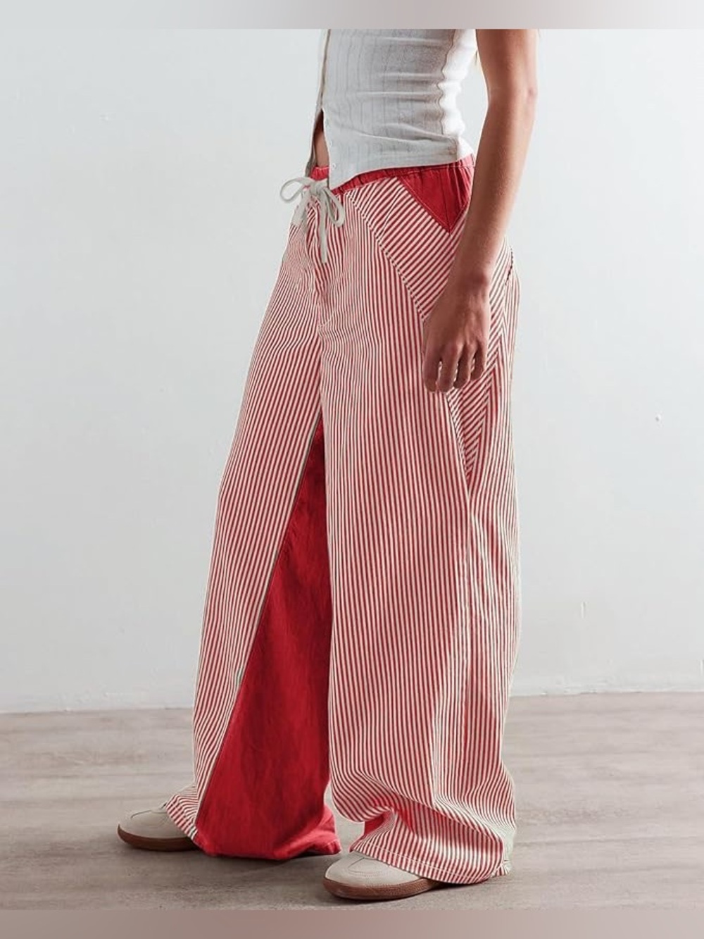 NWT PEIHOT Red Striped Drawstring Wide-Leg Denim Pants Size Small
